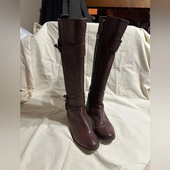 Frye Anna Gore Knee High Boots Women 6.5M Brown Leather Tall Riding Buckle Strap