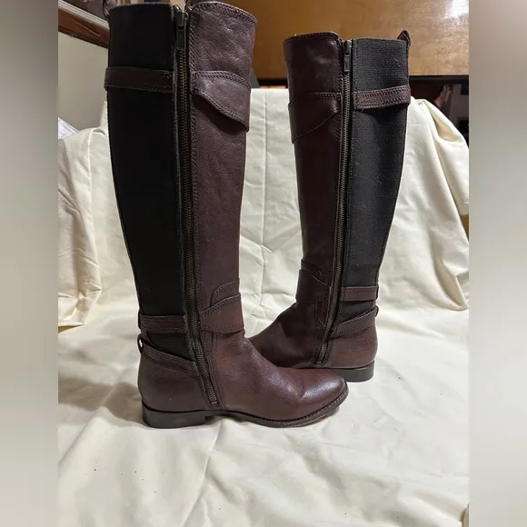 Frye Anna Gore Knee High Boots Women 6.5M Brown Leather Tall Riding Buckle Strap