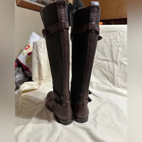 Frye Anna Gore Knee High Boots Women 6.5M Brown Leather Tall Riding Buckle Strap