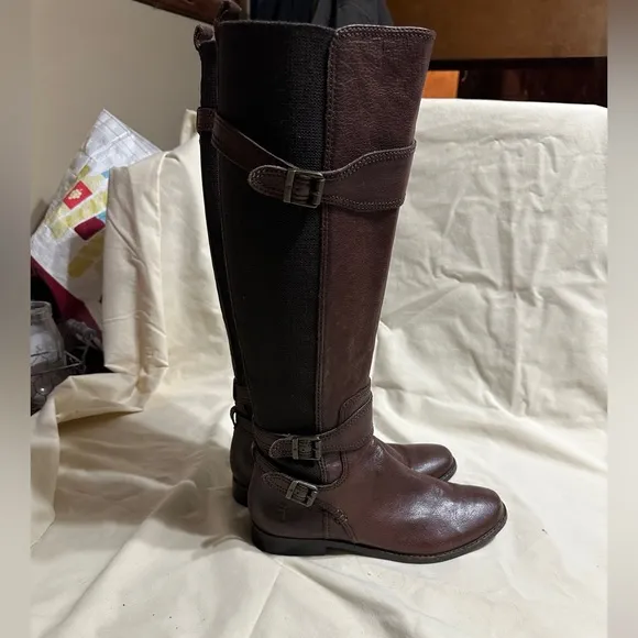 Frye Anna Gore Knee High Boots Women 6.5M Brown Leather Tall Riding Buckle Strap