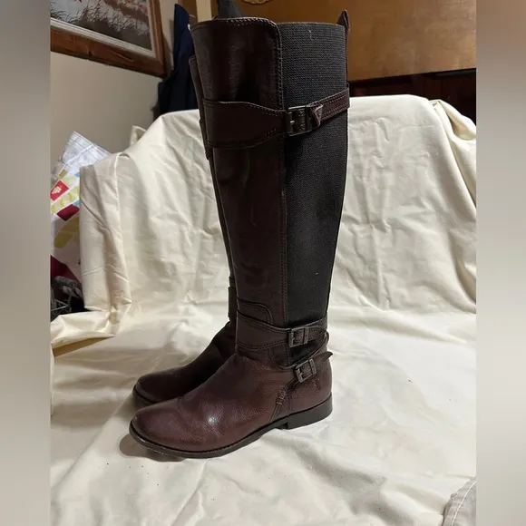 Frye Anna Gore Knee High Boots Women 6.5M Brown Leather Tall Riding Buckle Strap
