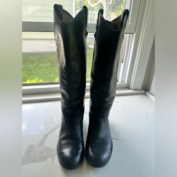 Frye Boots Melissa Button Leather Riding Boots-Style 77167-Black-Size 6