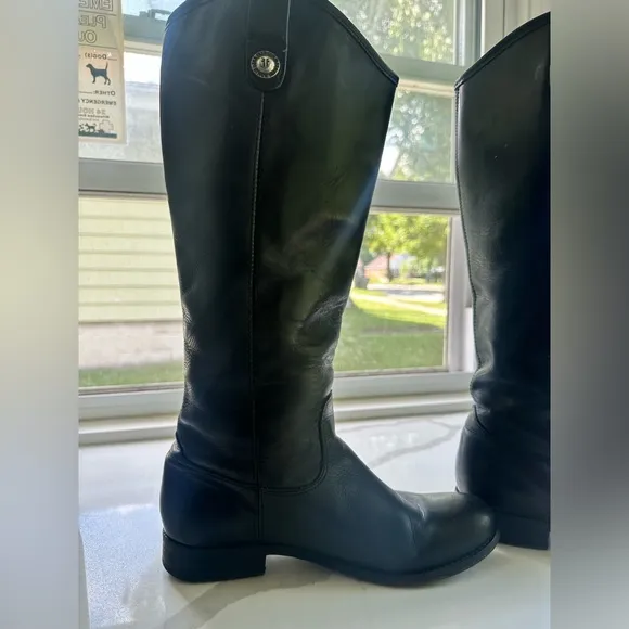 Frye Boots Melissa Button Leather Riding Boots-Style 77167-Black-Size 6