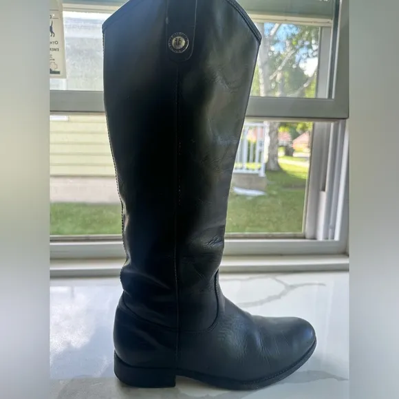 Frye Boots Melissa Button Leather Riding Boots-Style 77167-Black-Size 6