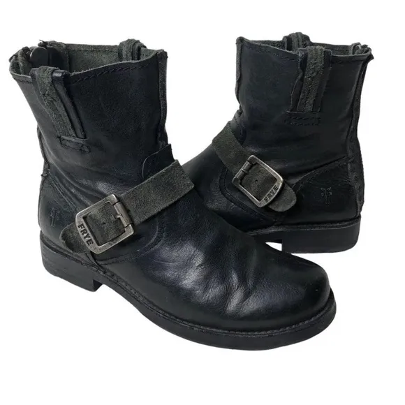 FRYE Boots VICKY ARTISAN Moto Combat Black Leather Suede Silver Buckles Size 8