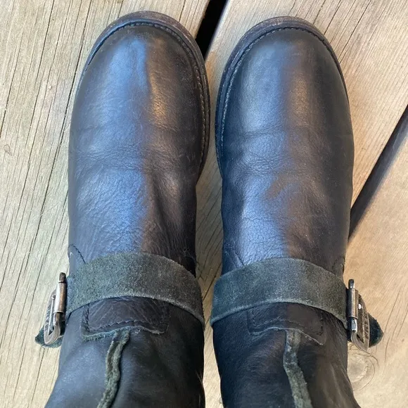 FRYE Boots VICKY ARTISAN Moto Combat Black Leather Suede Silver Buckles Size 8