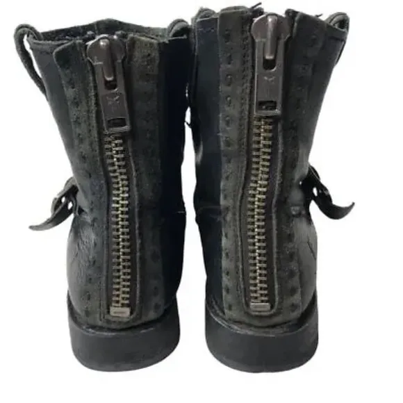 FRYE Boots VICKY ARTISAN Moto Combat Black Leather Suede Silver Buckles Size 8