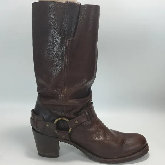 Frye Jane Brown Belted Harness Boots