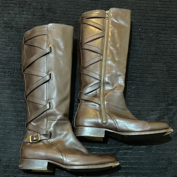 Frye Jordan Dark Brown Leather Strappy Knee High Riding Full Zip Boots Size 8 B
