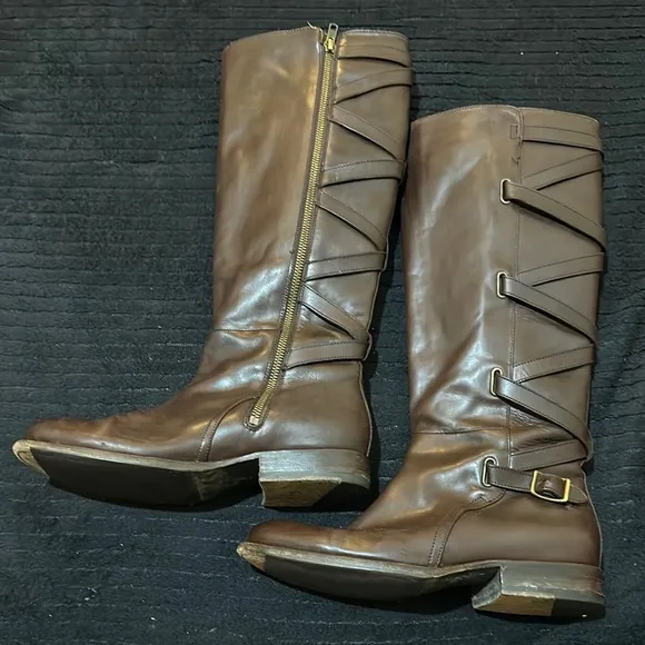 Frye Jordan Dark Brown Leather Strappy Knee High Riding Full Zip Boots Size 8 B
