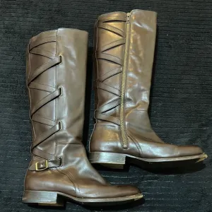 Frye Jordan Dark Brown Leather Strappy Knee High Riding Full Zip Boots Size 8 B