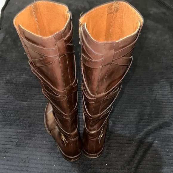 Frye Jordan Dark Brown Leather Strappy Knee High Riding Full Zip Boots Size 8 B