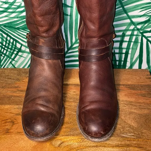Frye Melissa Belted Brown Leather Riding Boots Women’s 6.5 B 3470500