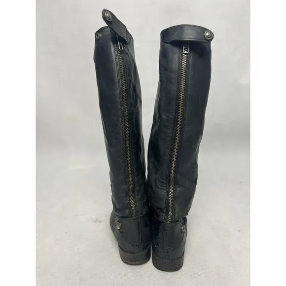 Frye Melissa Black Leather Tall Riding Boots Back Zip Size 5.5 Made In Mexico