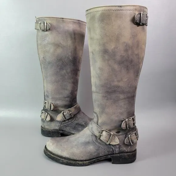 Frye Melissa Button 77551 Back Zip Leather Engineer Tall Boots Gray Distressed