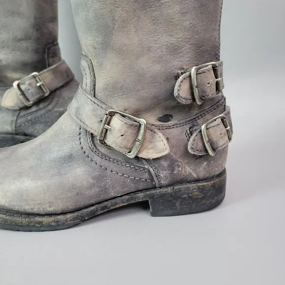 Frye Melissa Button 77551 Back Zip Leather Engineer Tall Boots Gray Distressed