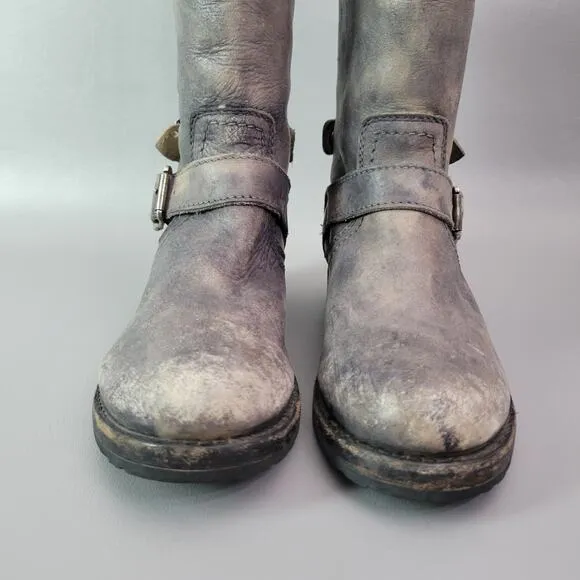 Frye Melissa Button 77551 Back Zip Leather Engineer Tall Boots Gray Distressed