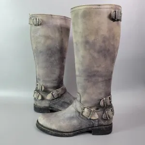 Frye Melissa Button 77551 Back Zip Leather Engineer Tall Boots Gray Distressed