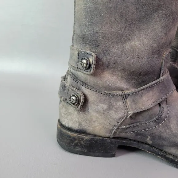 Frye Melissa Button 77551 Back Zip Leather Engineer Tall Boots Gray Distressed