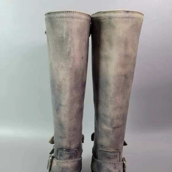 Frye Melissa Button 77551 Back Zip Leather Engineer Tall Boots Gray Distressed