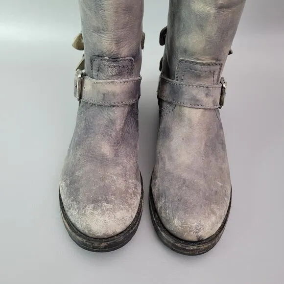Frye Melissa Button 77551 Back Zip Leather Engineer Tall Boots Gray Distressed