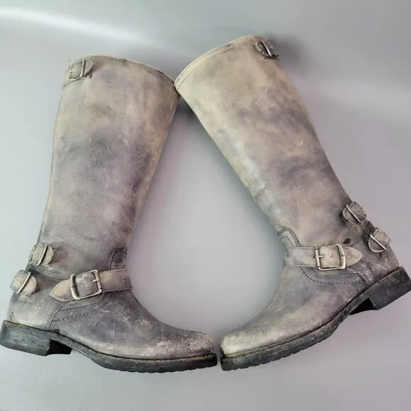 Frye Melissa Button 77551 Back Zip Leather Engineer Tall Boots Gray Distressed