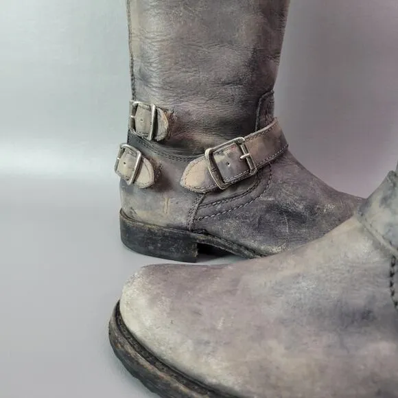 Frye Melissa Button 77551 Back Zip Leather Engineer Tall Boots Gray Distressed