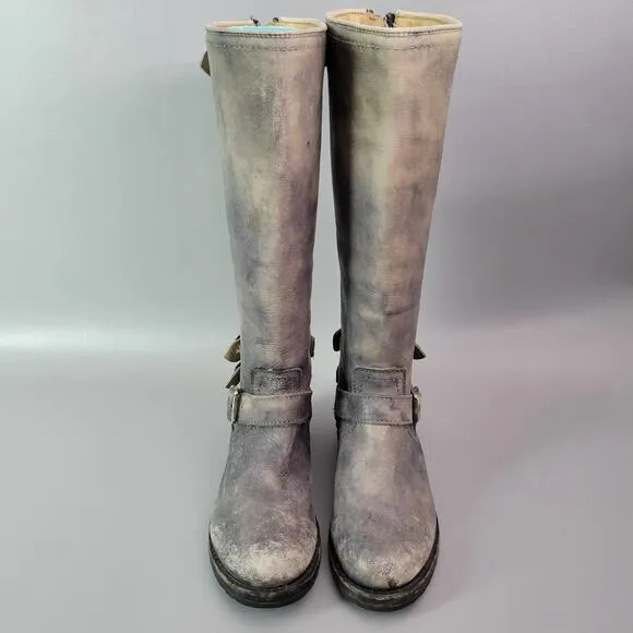 Frye Melissa Button 77551 Back Zip Leather Engineer Tall Boots Gray Distressed