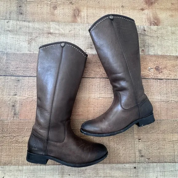 FRYE MELISSA Tall Western Riding Boots Brown Leather Silver Stud Knee High Sz 7