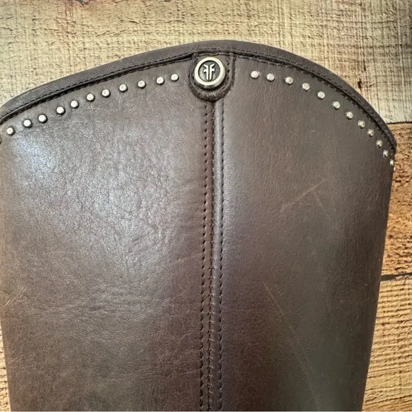 FRYE MELISSA Tall Western Riding Boots Brown Leather Silver Stud Knee High Sz 7