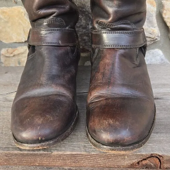 FRYE Melissa Harness Riding Boots Extended Calf Inside Zip Dark Brown Size 8.5