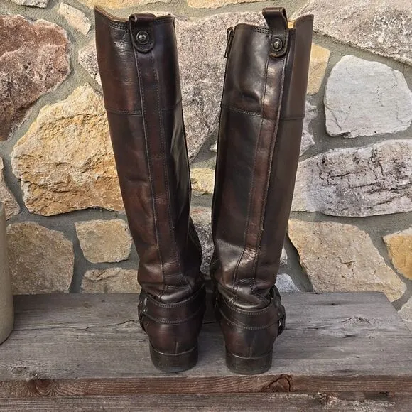 FRYE Melissa Harness Riding Boots Extended Calf Inside Zip Dark Brown Size 8.5