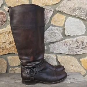 FRYE Melissa Harness Riding Boots Extended Calf Inside Zip Dark Brown Size 8.5