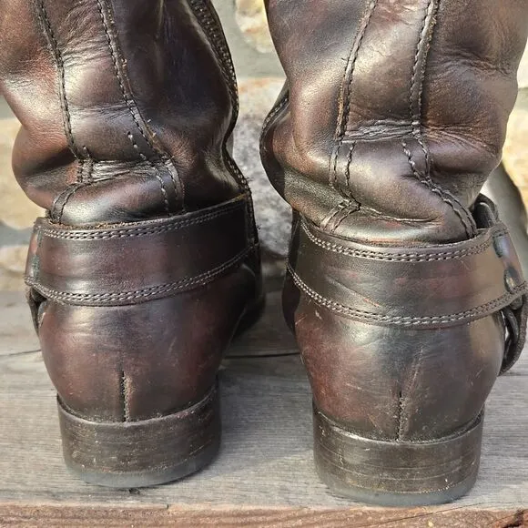FRYE Melissa Harness Riding Boots Extended Calf Inside Zip Dark Brown Size 8.5