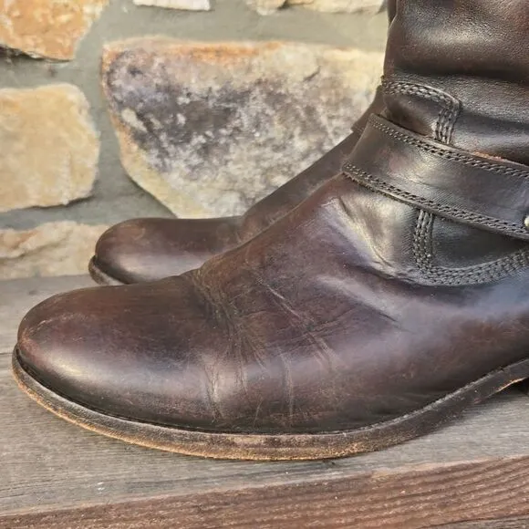 FRYE Melissa Harness Riding Boots Extended Calf Inside Zip Dark Brown Size 8.5