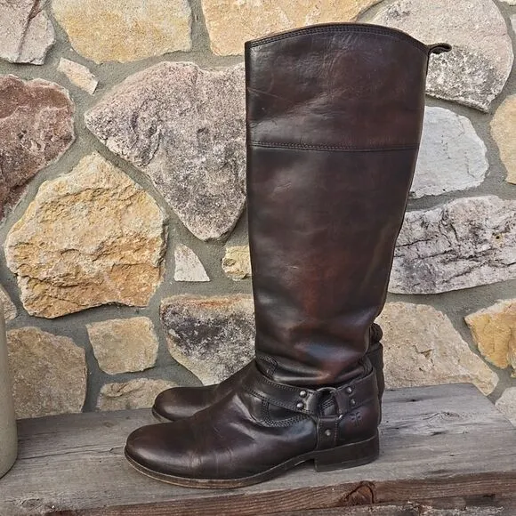 FRYE Melissa Harness Riding Boots Extended Calf Inside Zip Dark Brown Size 8.5