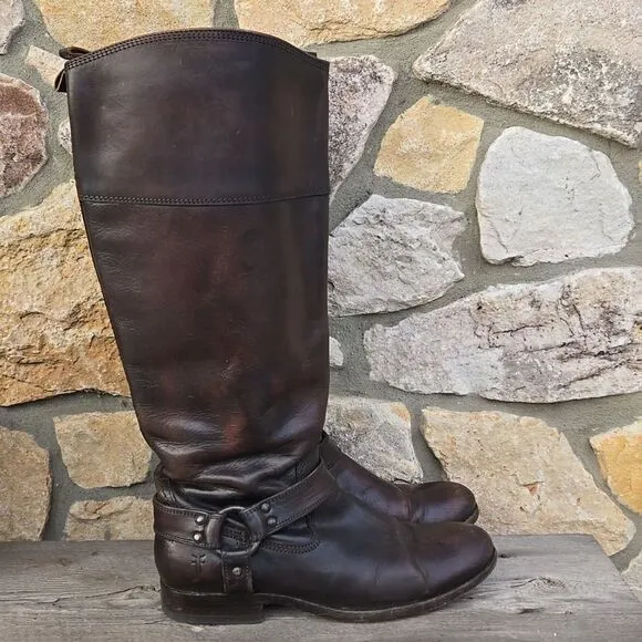 FRYE Melissa Harness Riding Boots Extended Calf Inside Zip Dark Brown Size 8.5
