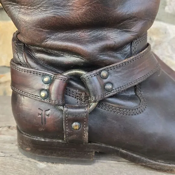 FRYE Melissa Harness Riding Boots Extended Calf Inside Zip Dark Brown Size 8.5