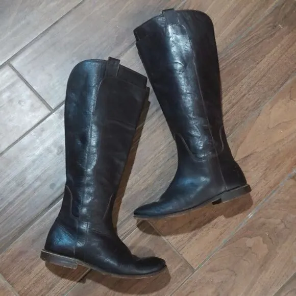 Frye Paige tall riding boot leather layer dark brown stack heel