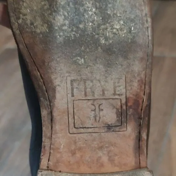 Frye Paige tall riding boot leather layer dark brown stack heel