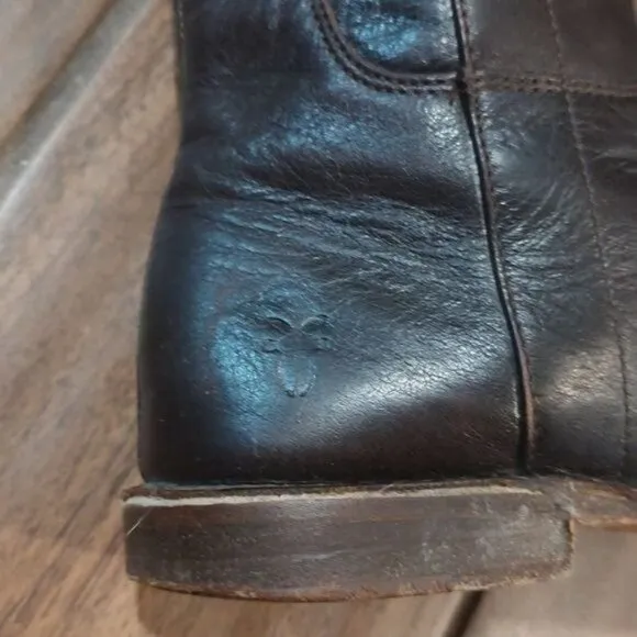 Frye Paige tall riding boot leather layer dark brown stack heel