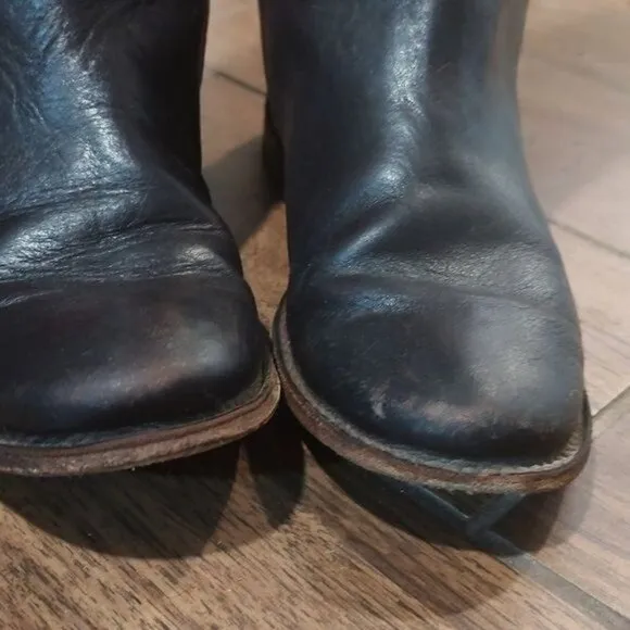Frye Paige tall riding boot leather layer dark brown stack heel