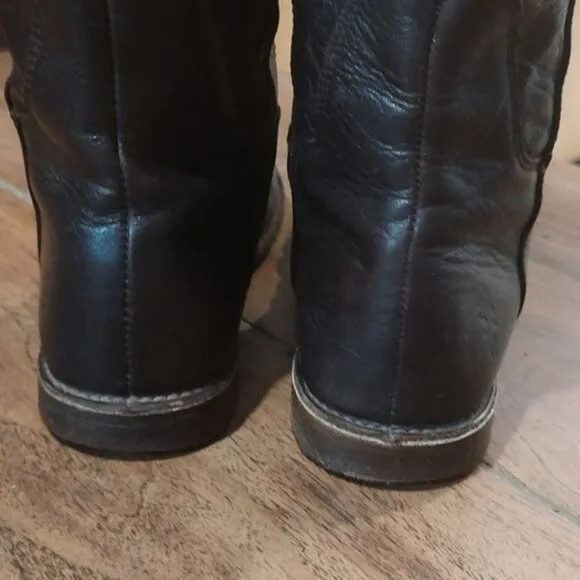 Frye Paige tall riding boot leather layer dark brown stack heel