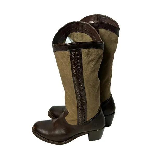 Frye sz 10 Jane Canvas Leather braid accent knee high riding boots womens