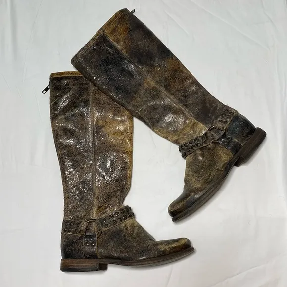 Frye Sz 6 B Brown Distressed Leather Harness Studs knee high riding boots