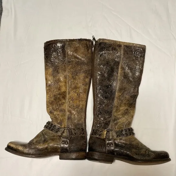 Frye Sz 6 B Brown Distressed Leather Harness Studs knee high riding boots