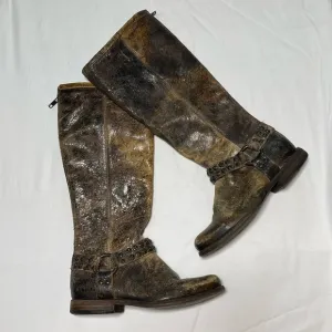 Frye Sz 6 B Brown Distressed Leather Harness Studs knee high riding boots