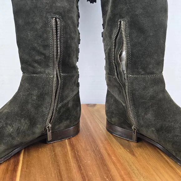 Frye Tina Fatigue Green Suede Tassel Lace Daily Over The Knee Boots Womens 7.5 M