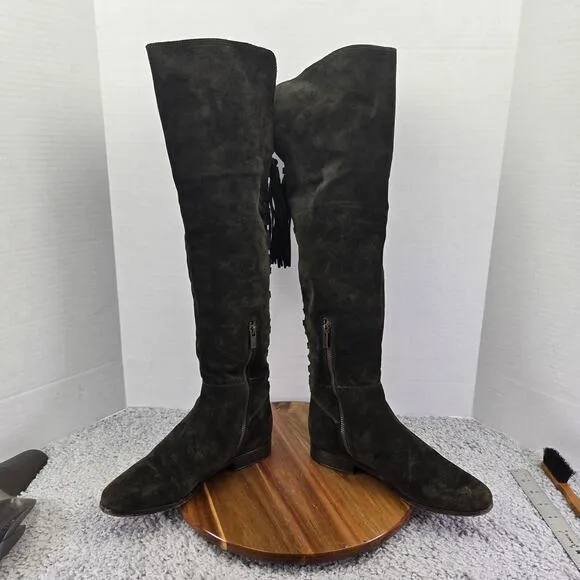 Frye Tina Fatigue Green Suede Tassel Lace Daily Over The Knee Boots Womens 7.5 M