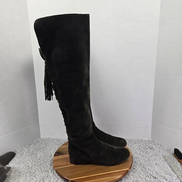 Frye Tina Fatigue Green Suede Tassel Lace Daily Over The Knee Boots Womens 7.5 M